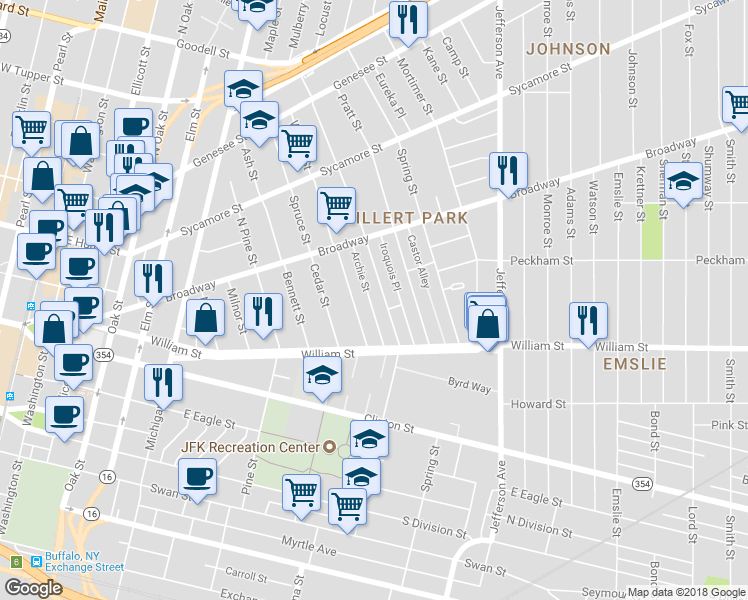 map of restaurants, bars, coffee shops, grocery stores, and more near 137 Archie Street in Buffalo
