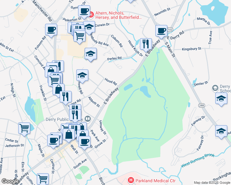 map of restaurants, bars, coffee shops, grocery stores, and more near 92 East Broadway in Derry