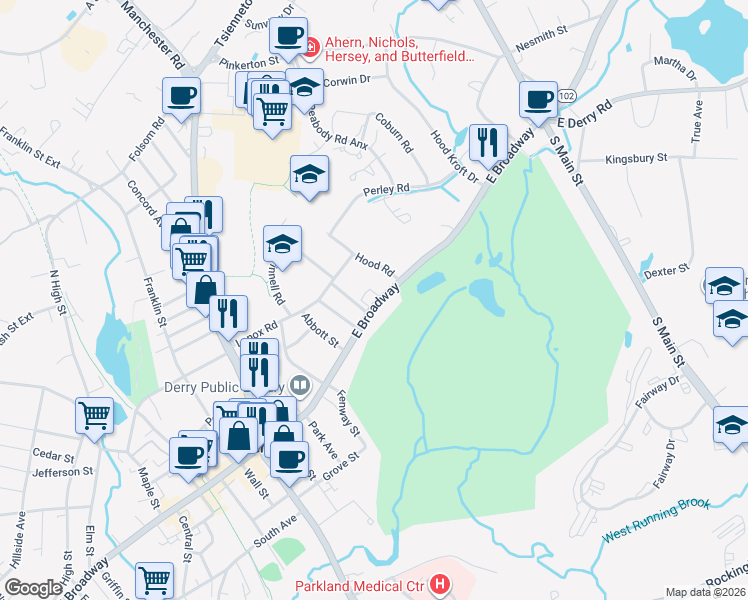 map of restaurants, bars, coffee shops, grocery stores, and more near 92 East Broadway in Derry