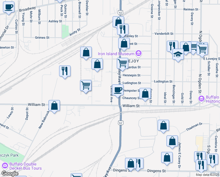 map of restaurants, bars, coffee shops, grocery stores, and more near 64 Central Avenue in Buffalo