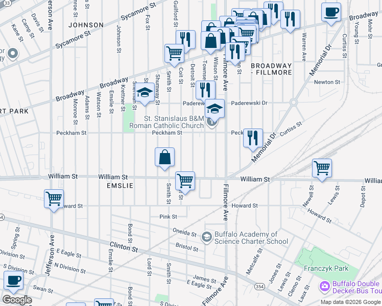 map of restaurants, bars, coffee shops, grocery stores, and more near 107 Detroit Street in Buffalo