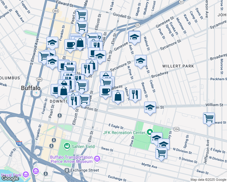 map of restaurants, bars, coffee shops, grocery stores, and more near 60 Nash Street in Buffalo