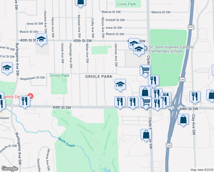 map of restaurants, bars, coffee shops, grocery stores, and more near 4241 Dunbar Avenue Southwest in Wyoming