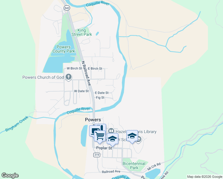 map of restaurants, bars, coffee shops, grocery stores, and more near 173 East Date Street in Powers