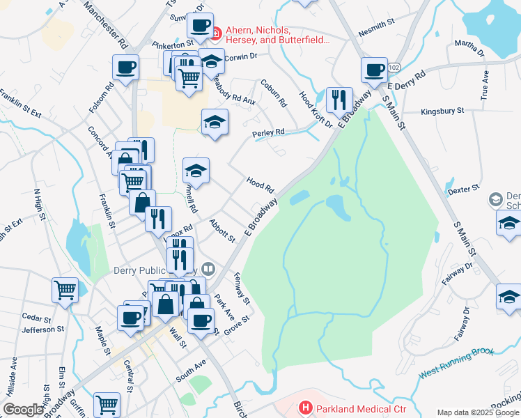 map of restaurants, bars, coffee shops, grocery stores, and more near 92 East Broadway in Derry