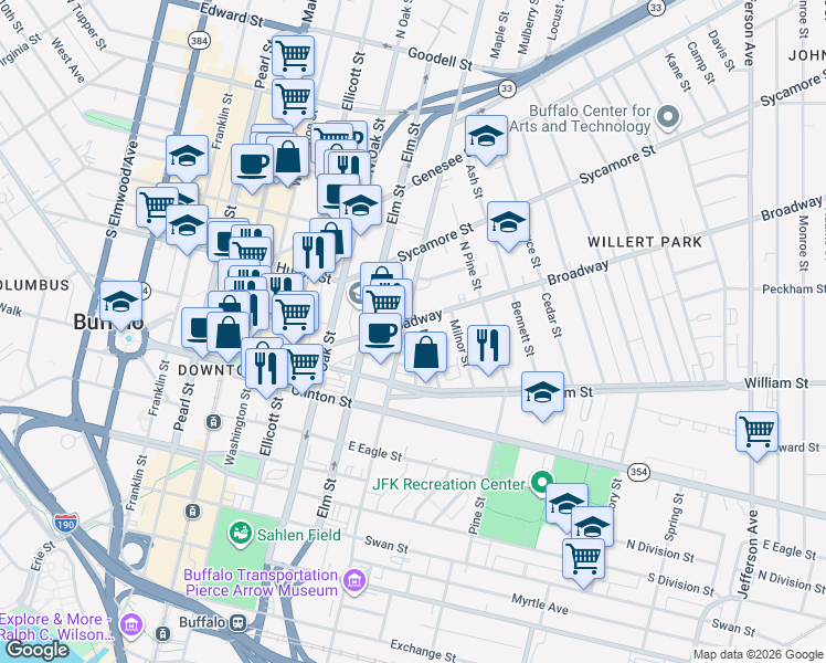 map of restaurants, bars, coffee shops, grocery stores, and more near 60 Nash Street in Buffalo
