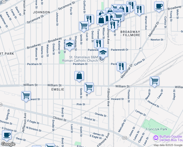 map of restaurants, bars, coffee shops, grocery stores, and more near 107 Detroit Street in Buffalo