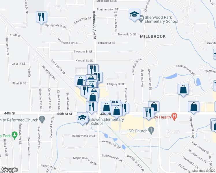 map of restaurants, bars, coffee shops, grocery stores, and more near 4276 Langley Court Southeast in Grand Rapids