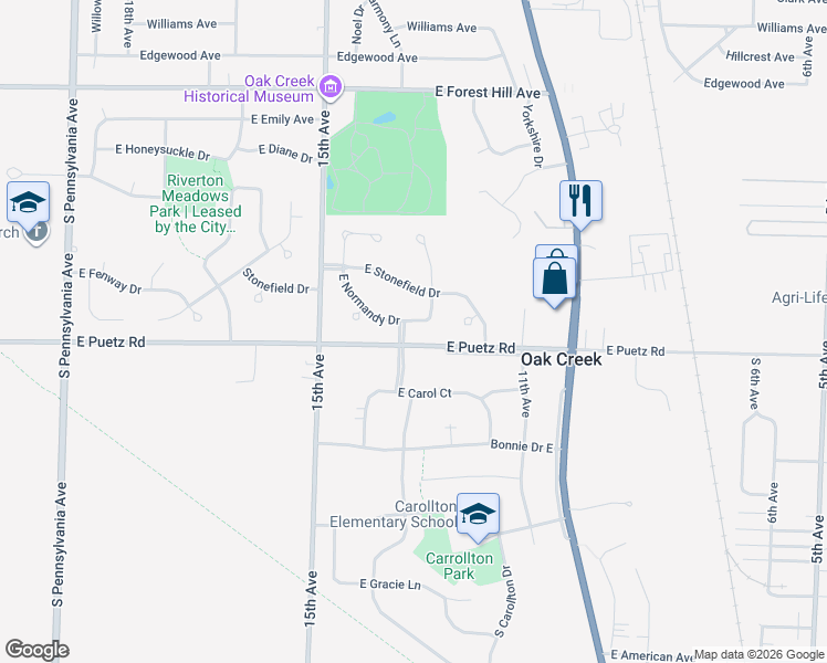 map of restaurants, bars, coffee shops, grocery stores, and more near 3331 East Normandy Drive in Oak Creek
