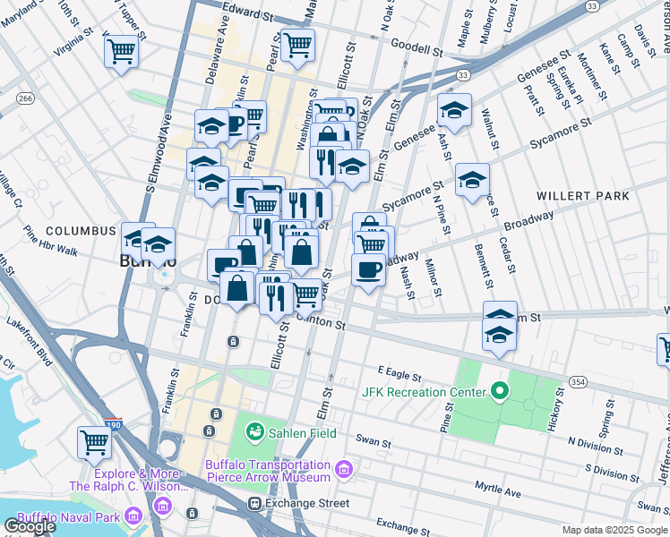 map of restaurants, bars, coffee shops, grocery stores, and more near 90 Broadway in Buffalo