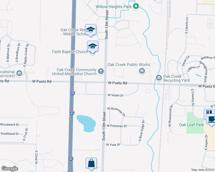 map of restaurants, bars, coffee shops, grocery stores, and more near 8700 South 13th Street in Oak Creek