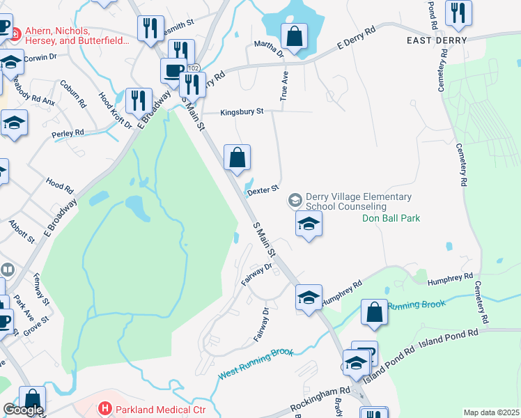 map of restaurants, bars, coffee shops, grocery stores, and more near 26 South Main Street in Derry