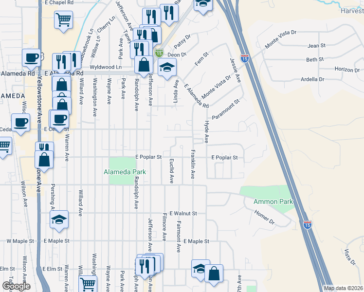 map of restaurants, bars, coffee shops, grocery stores, and more near 1110 East Poplar Street in Pocatello