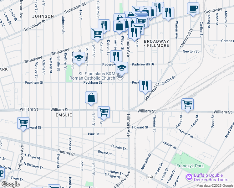 map of restaurants, bars, coffee shops, grocery stores, and more near 57 Townsend Street in Buffalo