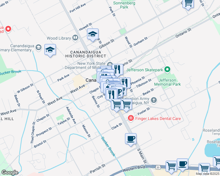 map of restaurants, bars, coffee shops, grocery stores, and more near 97 South Main Street in Canandaigua