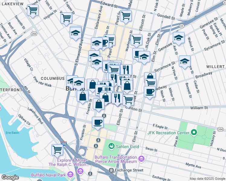 map of restaurants, bars, coffee shops, grocery stores, and more near 465 Washington Street in Buffalo