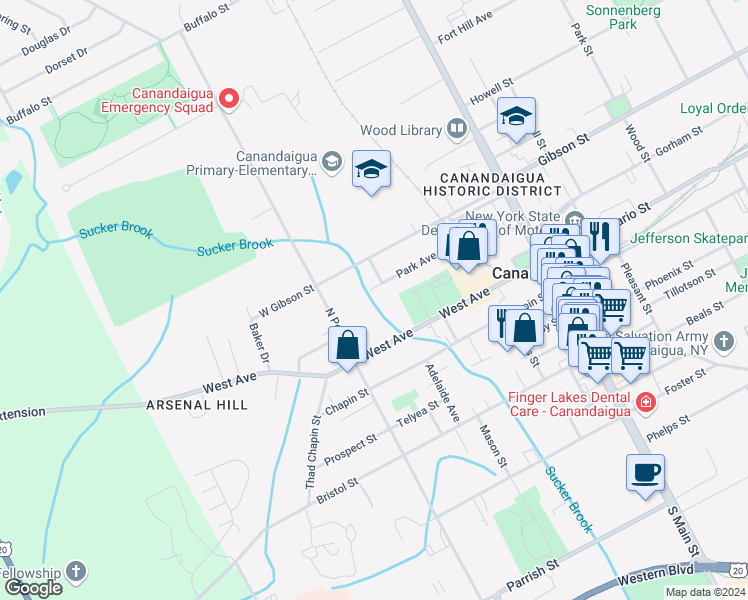 map of restaurants, bars, coffee shops, grocery stores, and more near 137 Park Avenue in Canandaigua
