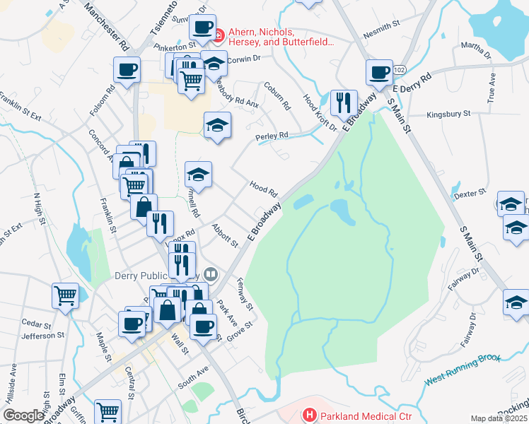 map of restaurants, bars, coffee shops, grocery stores, and more near 92 East Broadway in Derry