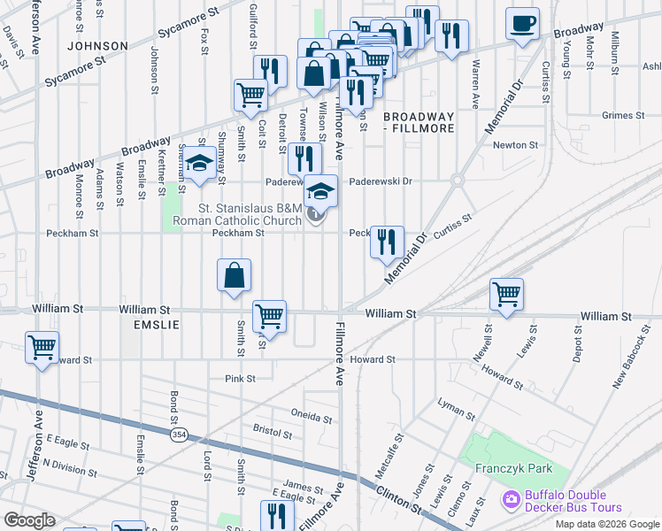 map of restaurants, bars, coffee shops, grocery stores, and more near 53 Wilson Street in Buffalo
