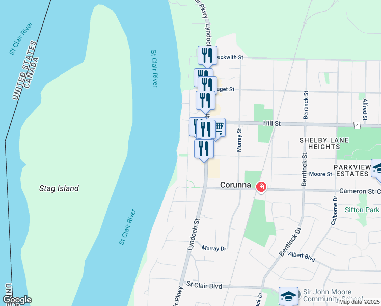 map of restaurants, bars, coffee shops, grocery stores, and more near 170 Fane Street in Corunna