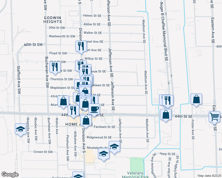map of restaurants, bars, coffee shops, grocery stores, and more near 4242 Jefferson Avenue Southeast in Kentwood