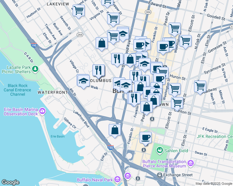 map of restaurants, bars, coffee shops, grocery stores, and more near South Elmwood Avenue & Court Street in Buffalo