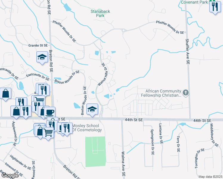 map of restaurants, bars, coffee shops, grocery stores, and more near 4240 Hidden Lakes Drive Southeast in Kentwood