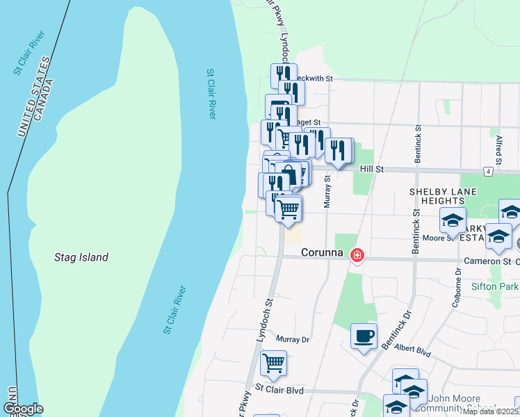 map of restaurants, bars, coffee shops, grocery stores, and more near 170 Fane Street in Corunna