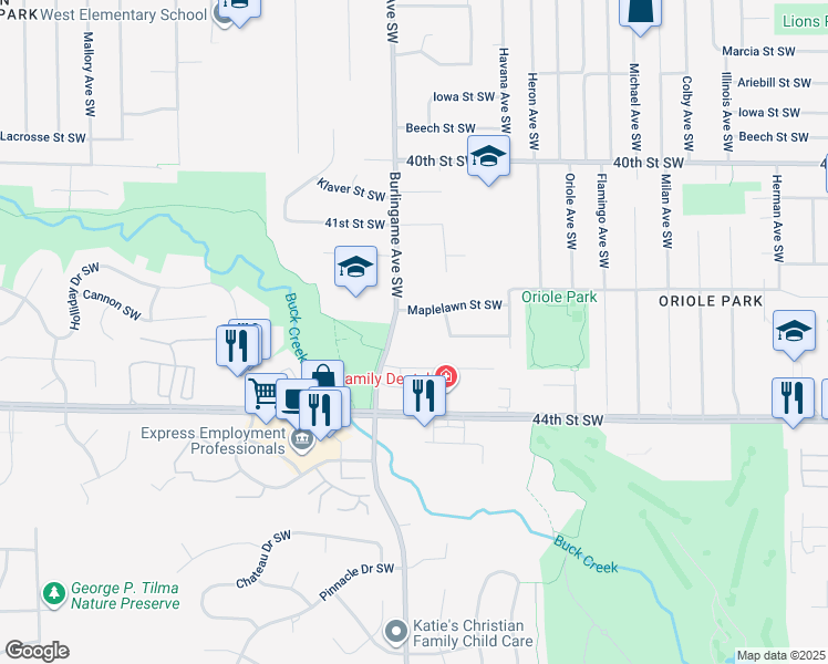 map of restaurants, bars, coffee shops, grocery stores, and more near 4262 Burlingame Avenue Southwest in Grand Rapids