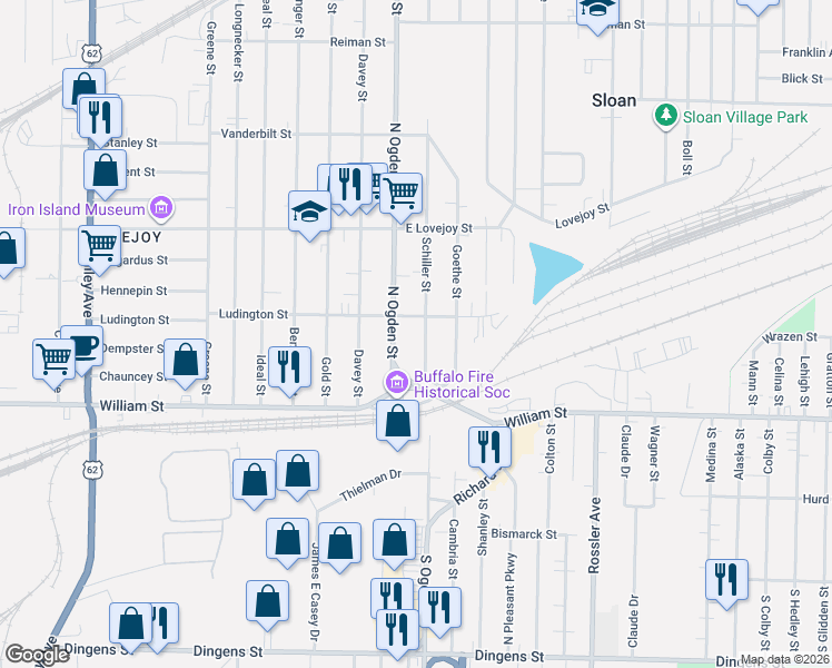 map of restaurants, bars, coffee shops, grocery stores, and more near 57 Schiller Street in Buffalo