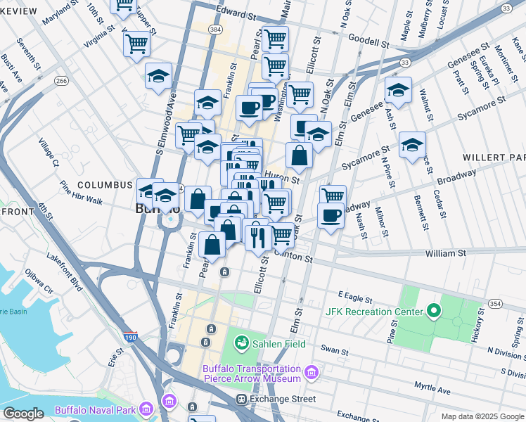 map of restaurants, bars, coffee shops, grocery stores, and more near 465 Washington Street in Buffalo