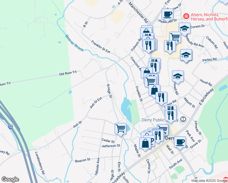 map of restaurants, bars, coffee shops, grocery stores, and more near 66 North High Street in Derry