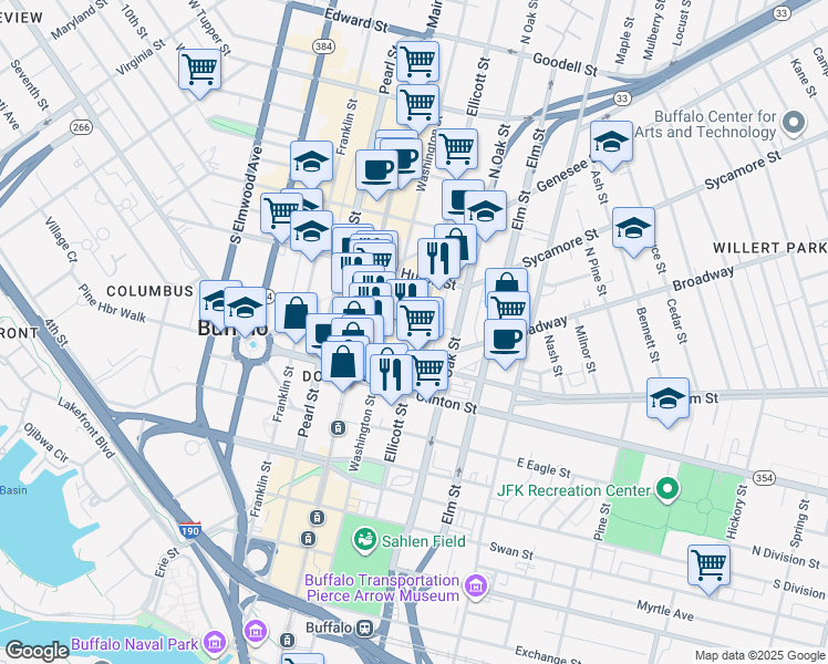 map of restaurants, bars, coffee shops, grocery stores, and more near 304 Ellicott Street in Buffalo