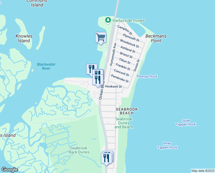 map of restaurants, bars, coffee shops, grocery stores, and more near 516 Hooksett Street in Seabrook