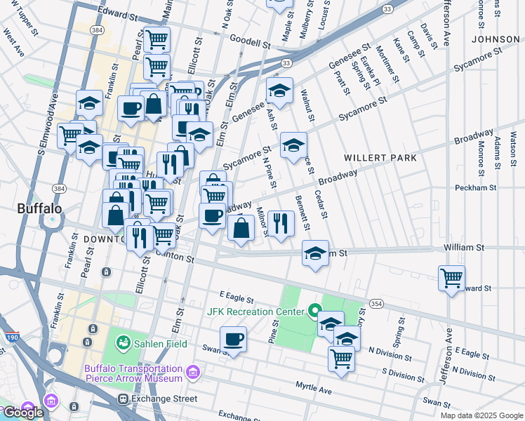 map of restaurants, bars, coffee shops, grocery stores, and more near 65 Milnor Street in Buffalo