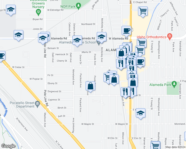 map of restaurants, bars, coffee shops, grocery stores, and more near 621 Poole Avenue in Pocatello