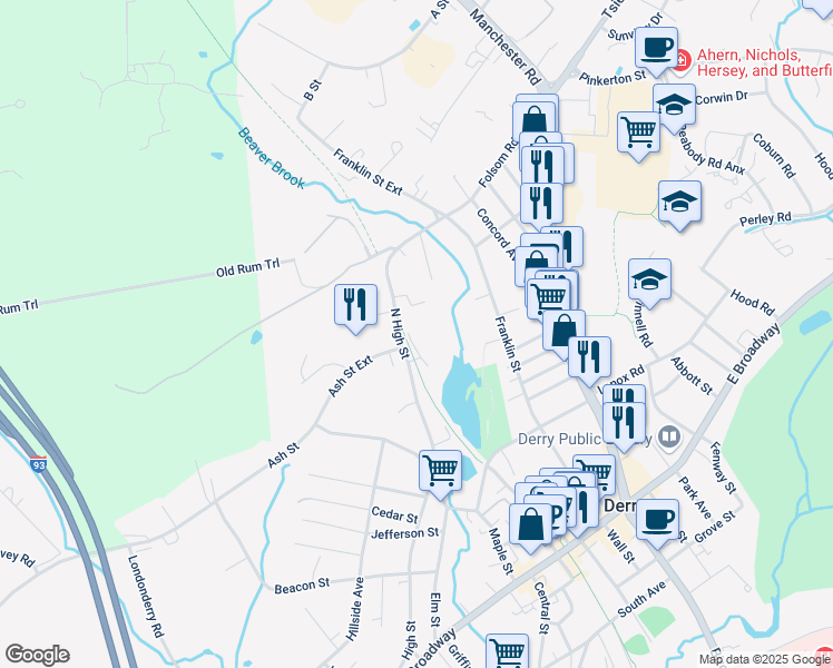 map of restaurants, bars, coffee shops, grocery stores, and more near 66 North High Street in Derry