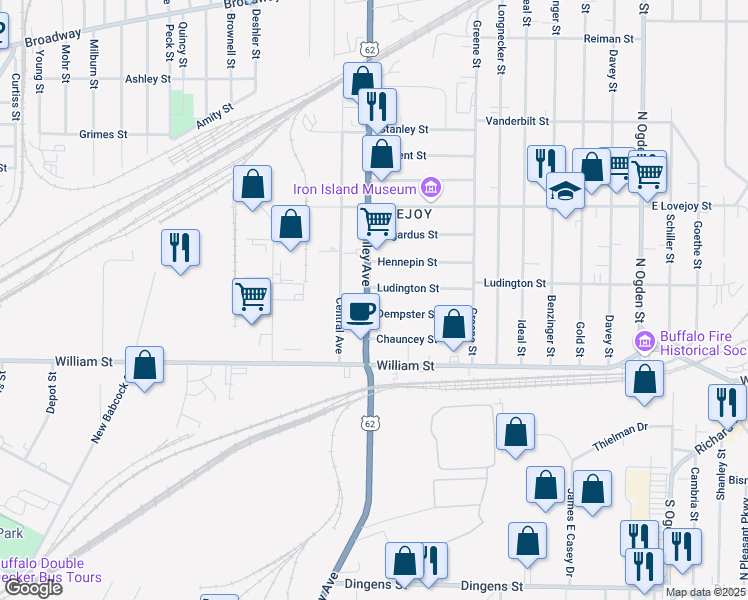 map of restaurants, bars, coffee shops, grocery stores, and more near 1180 Bailey Avenue in Buffalo