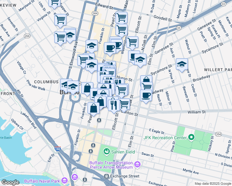 map of restaurants, bars, coffee shops, grocery stores, and more near 465 Washington Street in Buffalo