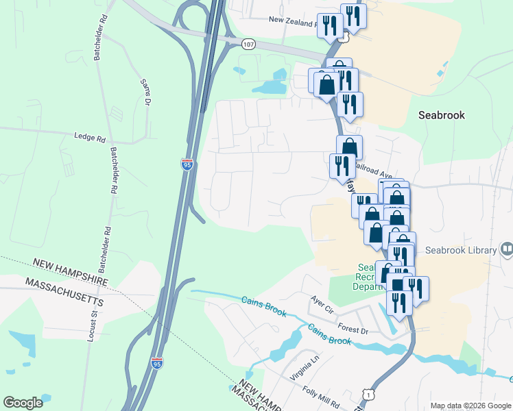 map of restaurants, bars, coffee shops, grocery stores, and more near 22 Autumn Way in Seabrook