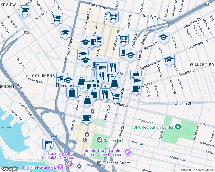 map of restaurants, bars, coffee shops, grocery stores, and more near 465 Washington Street in Buffalo
