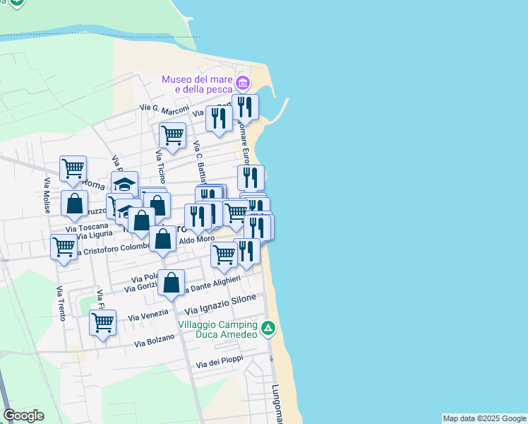 map of restaurants, bars, coffee shops, grocery stores, and more near 52 Lungomare Europa in Martinsicuro