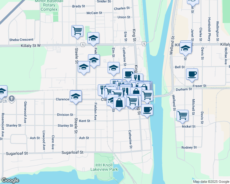 map of restaurants, bars, coffee shops, grocery stores, and more near 111 Clarence Street in Port Colborne