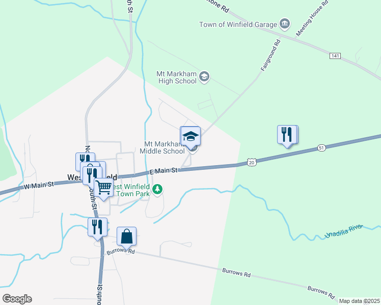 map of restaurants, bars, coffee shops, grocery stores, and more near 500 Fairground Road in West Winfield