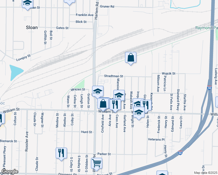 map of restaurants, bars, coffee shops, grocery stores, and more near 77 Linden Street in Buffalo