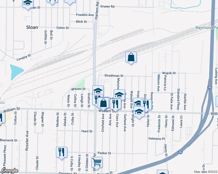 map of restaurants, bars, coffee shops, grocery stores, and more near 77 Linden Street in Buffalo