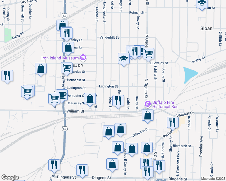 map of restaurants, bars, coffee shops, grocery stores, and more near 61 Ideal Street in Buffalo