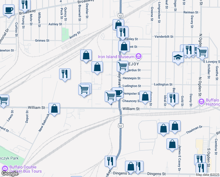 map of restaurants, bars, coffee shops, grocery stores, and more near 64 Central Avenue in Buffalo