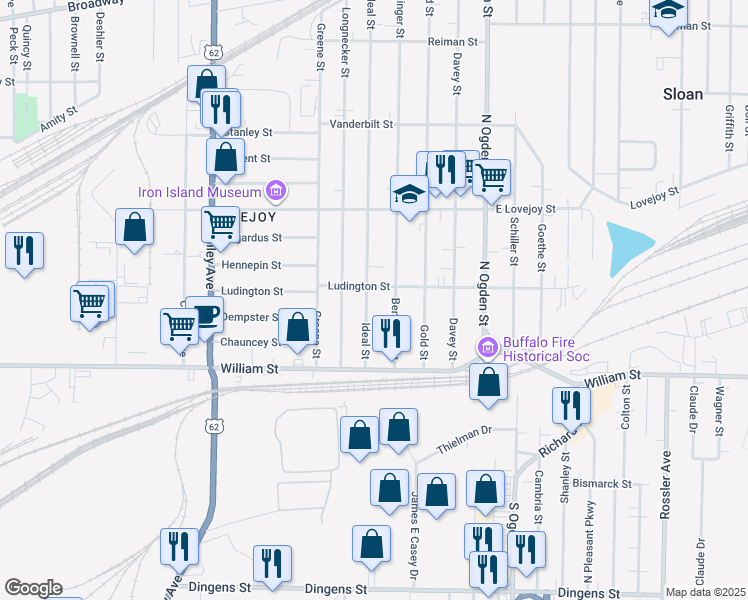 map of restaurants, bars, coffee shops, grocery stores, and more near 79 Ideal Street in Buffalo