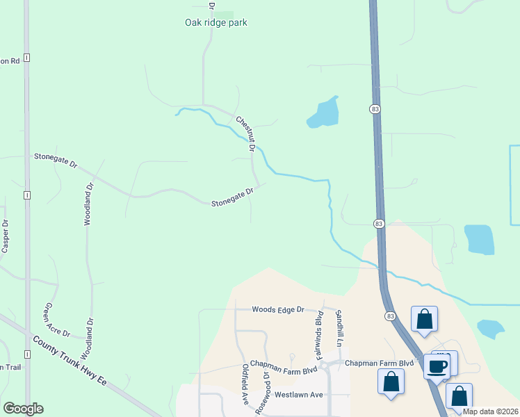 map of restaurants, bars, coffee shops, grocery stores, and more near W302S8692 Rosewood Drive in Mukwonago